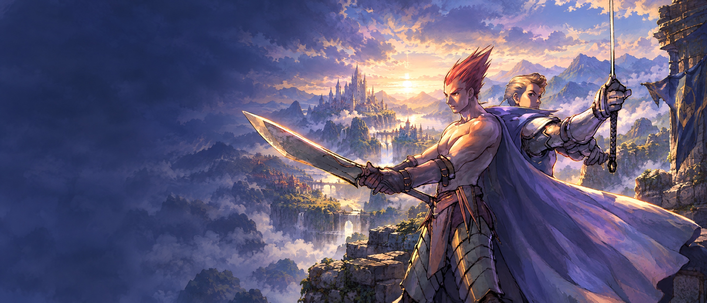 Painted concept art of the Fighter and Knight overlooking a sunlit Priston valley
